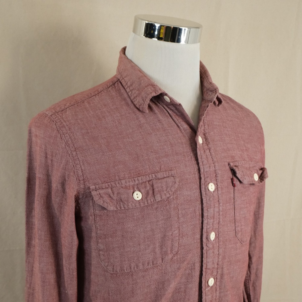 Levi's Small Chambray Shirt Red Button Front Cotton Long Sleeve Casual Mens